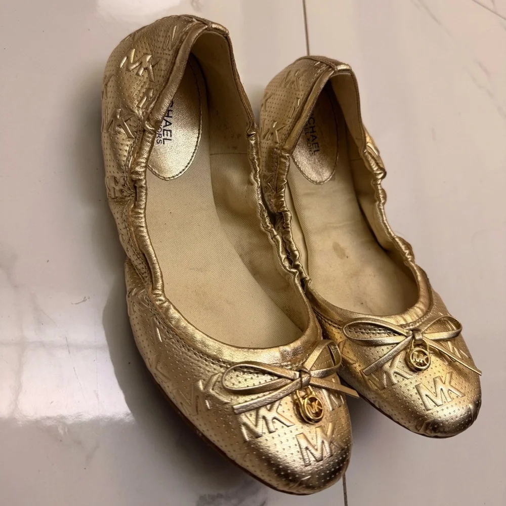 Michael Kors Girls' Metallic Gold MK Ballet Flats Size 7